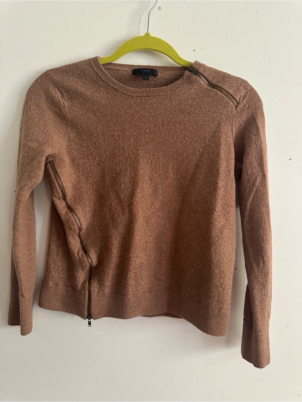 J.Crew Asymmetric Side Zip Shoulder Accent Knit Sweater Brown merino wool XL
